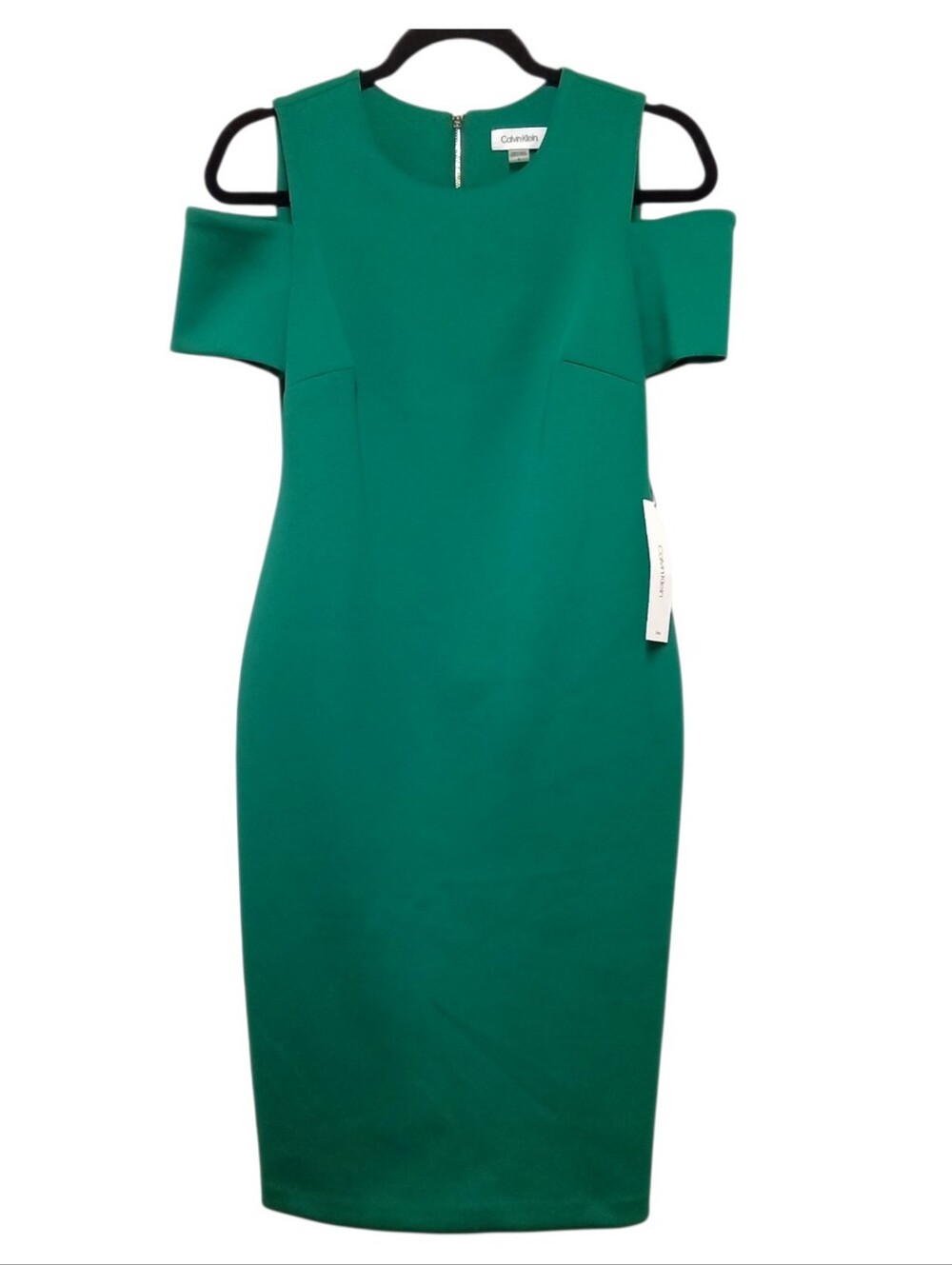Calvin Klein Scuba Sheath Dress Size 6 Green Cold Shoulder Gold Zip NWT